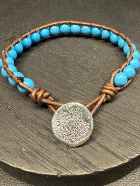 Leather Wrap Bracelet, Turquoise Glass Beads, Sterling Button Clasp